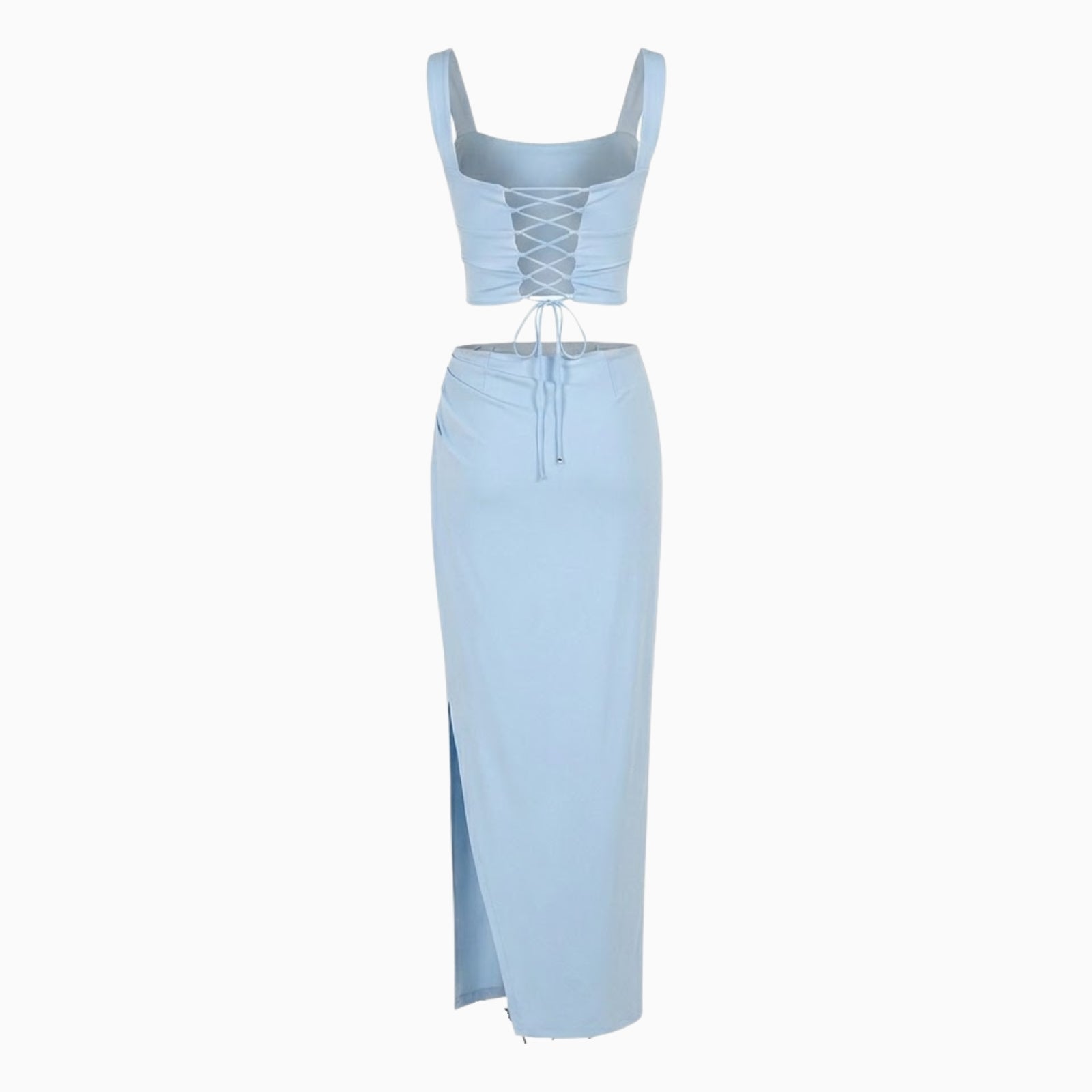 Flat lay of the light blue matching set from the back, displaying the lace-up corset detail and skirt construction.