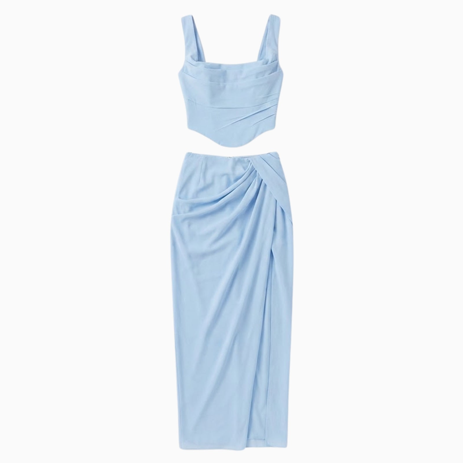 Flat lay of the light blue co-ord set, showing the front of the corset top and draped midi skirt 