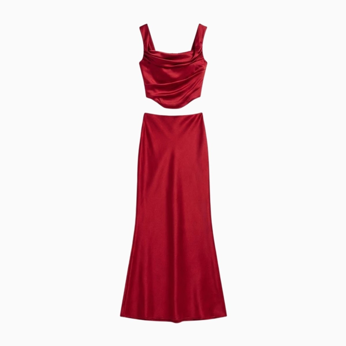 Flat lay of the Kouvr Rona set in red satin, showing the front of the draped cowl neck top and long skirt.