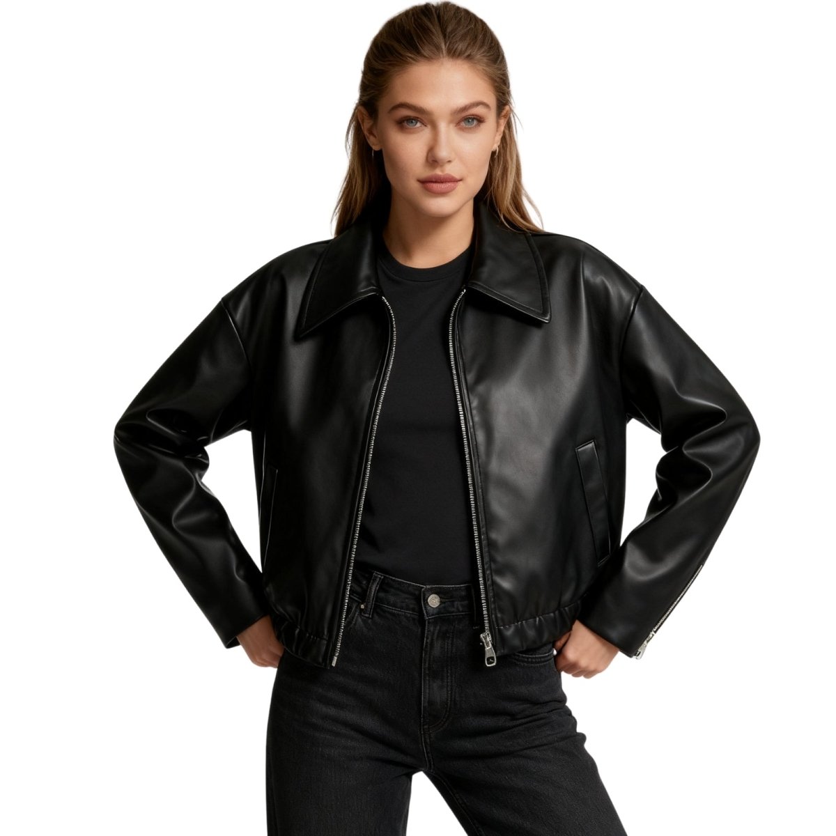 Woman wearing a black Kouvr leather jacket on a white background
