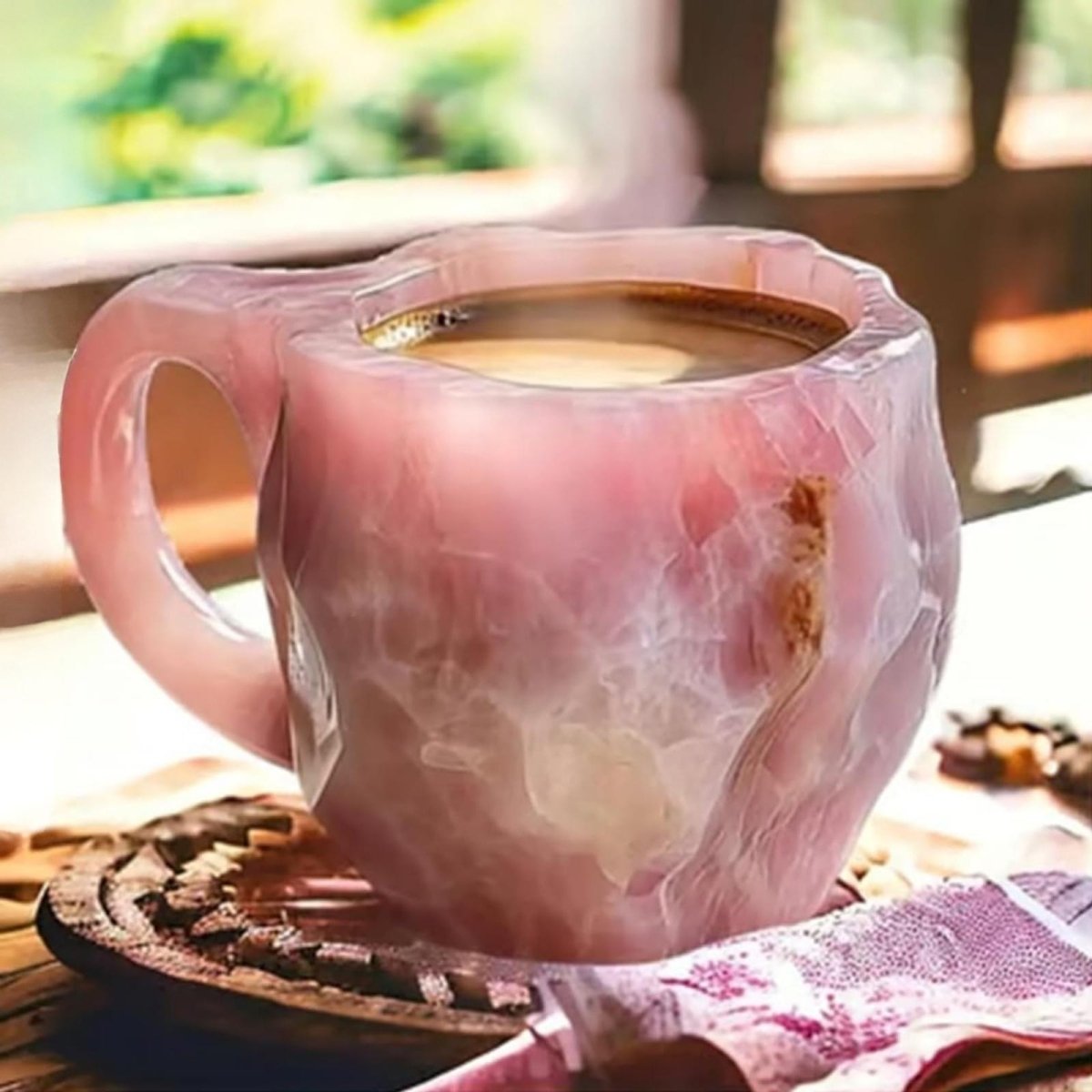A luxury hand-carved rose quartz coffee mug filled with steaming coffee, sitting on a dark wood table with a soft, warm light from a window.