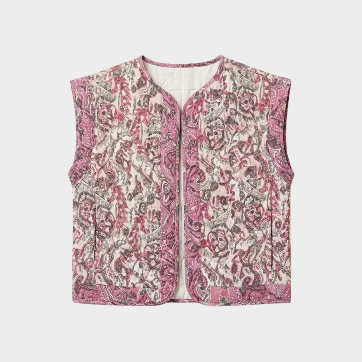 Flat lay product photograph of the front of the Kouvr Fashion Rose quilted vest, displaying the open-front design and rich pink and mauve pattern.