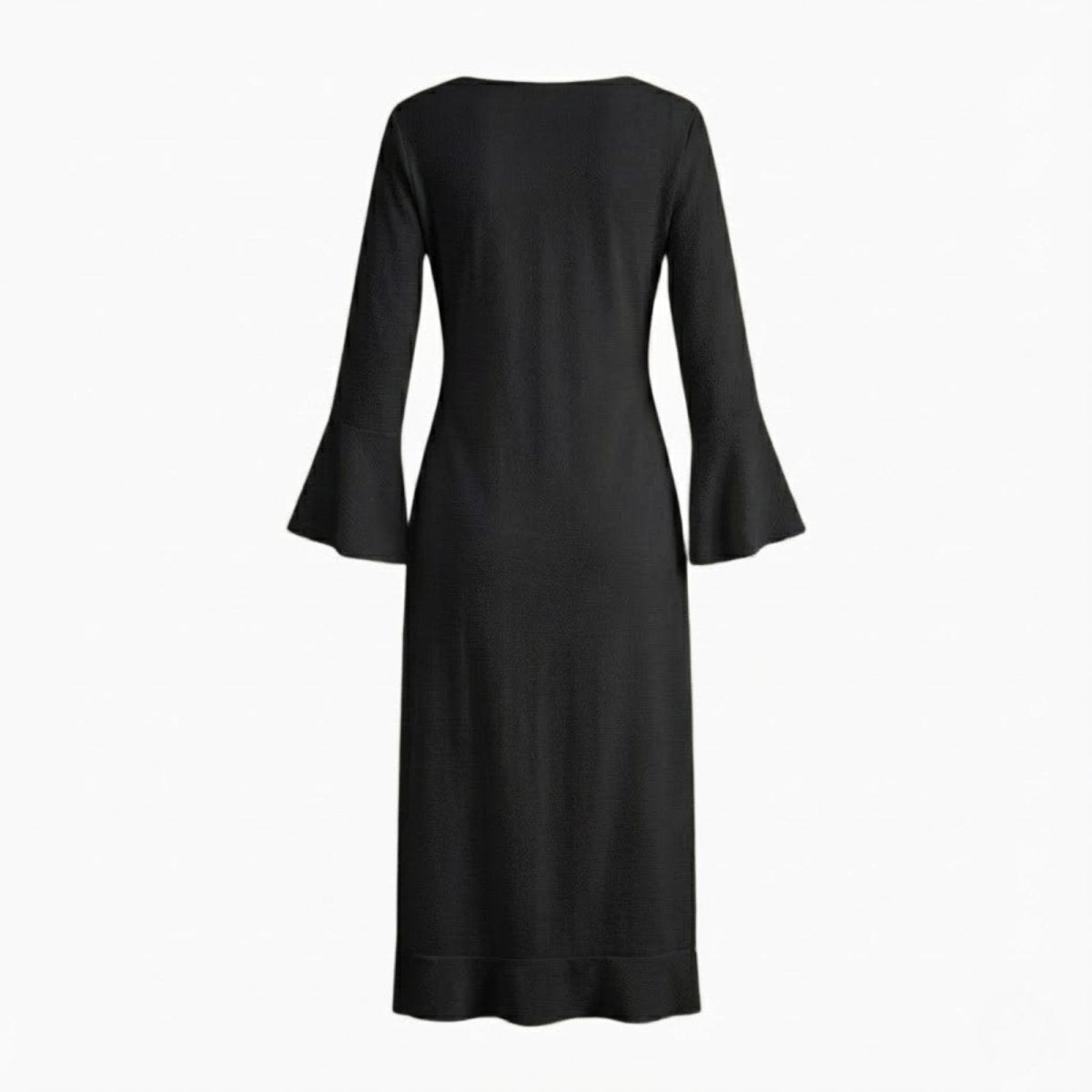 Flat lay of the back of the black Roseta maxi robe by Kouvr Fashion, showing the simple construction and flared sleeves.