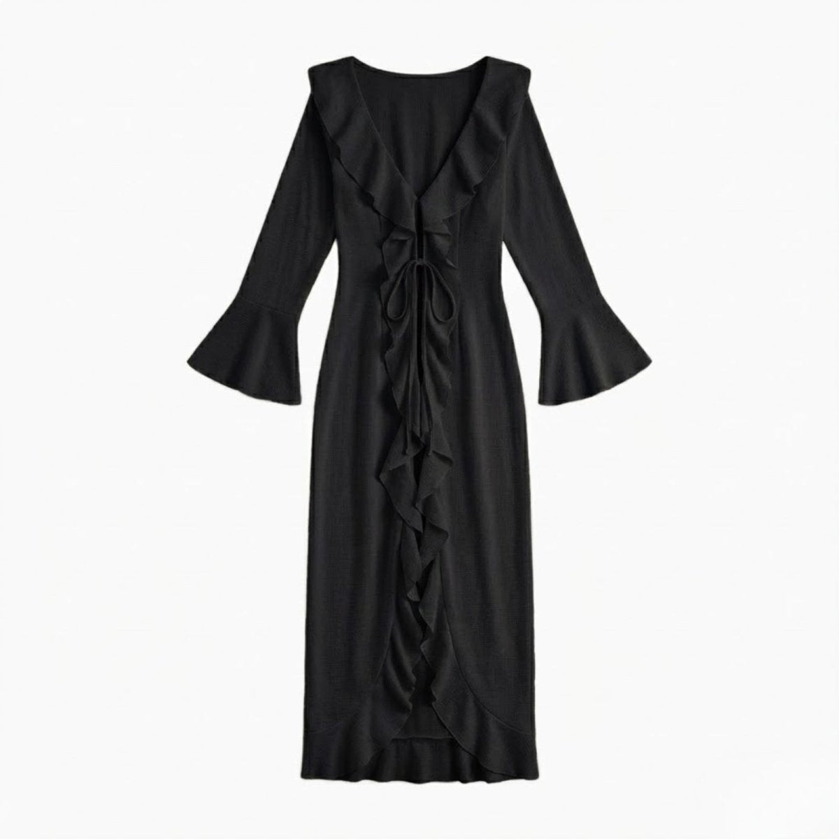 Flat lay of the black Roseta ruffle tie-front maxi robe by Kouvr Fashion, detailing the full cascade of ruffles.