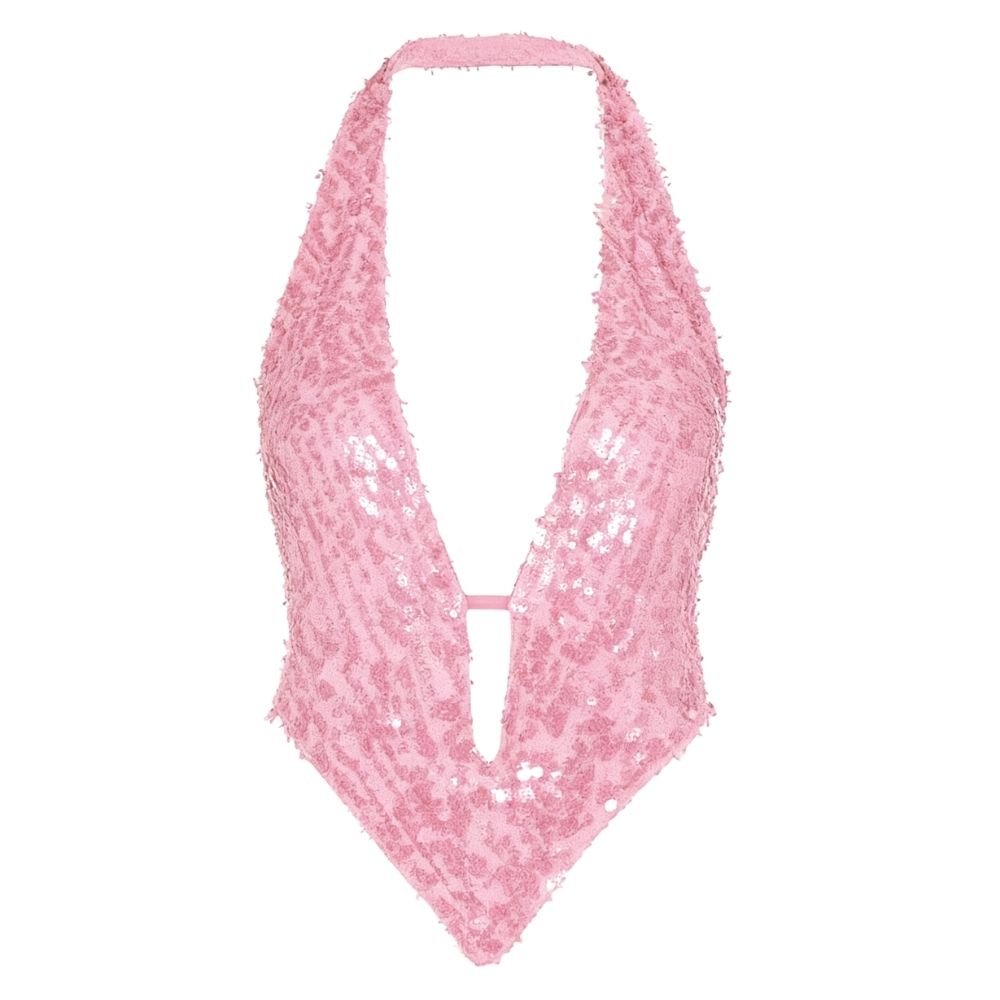 Pink kouvr  sequin halter top on a white background