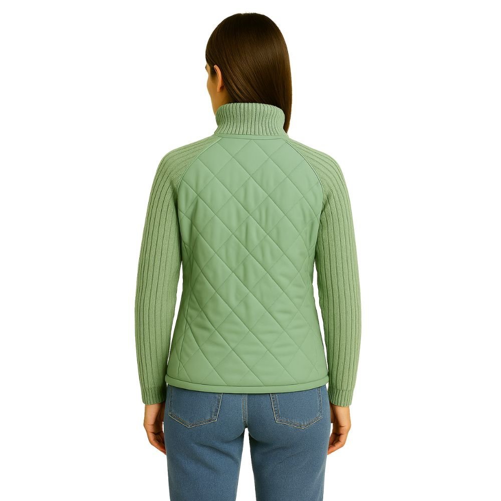 Model wearing the Kouvr Arlington Quilted Hybrid Jacket with blue jeans