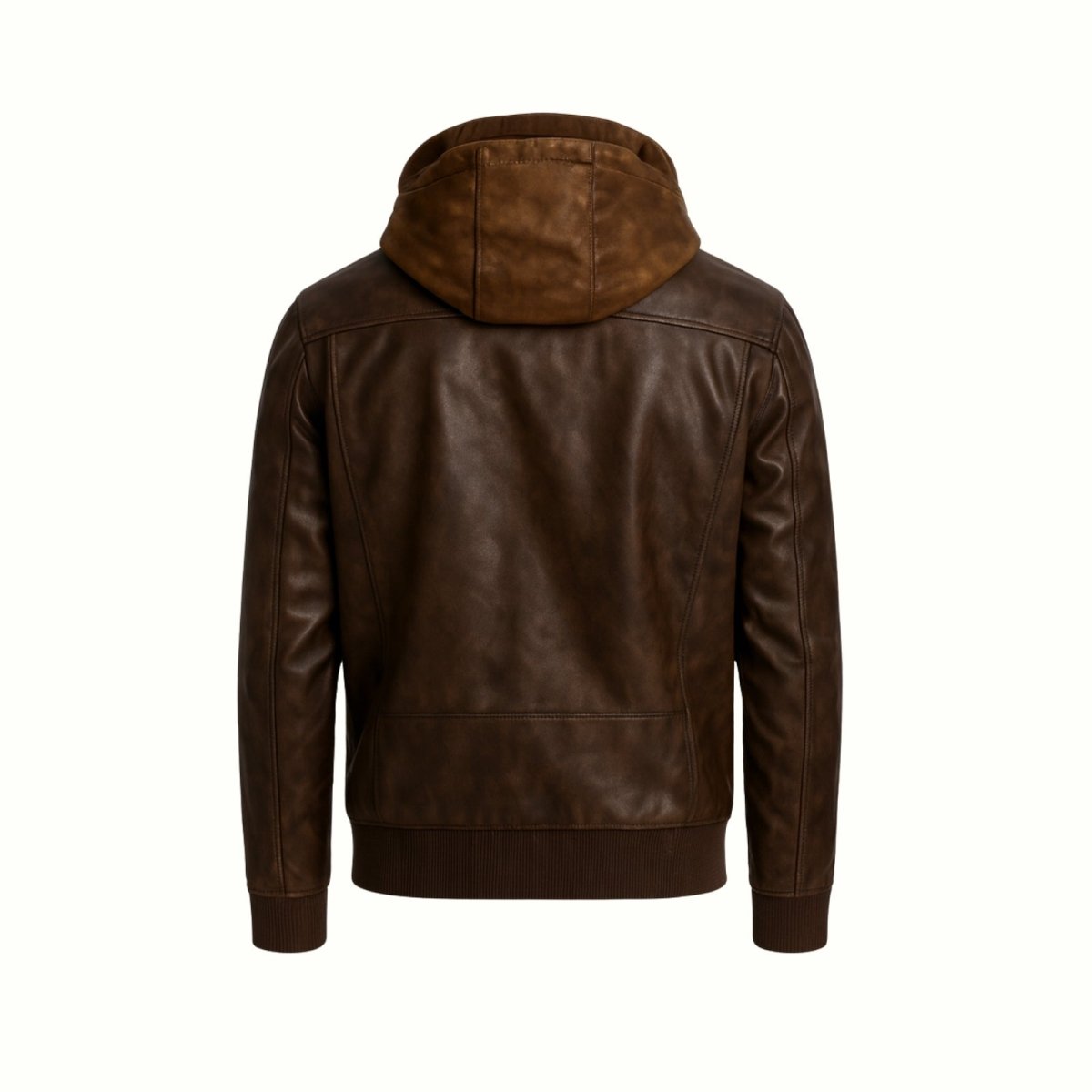 Back view flatlay product shot of the Kouvr Samson Dark Brown hooded faux leather jacket, showing the back panel details.