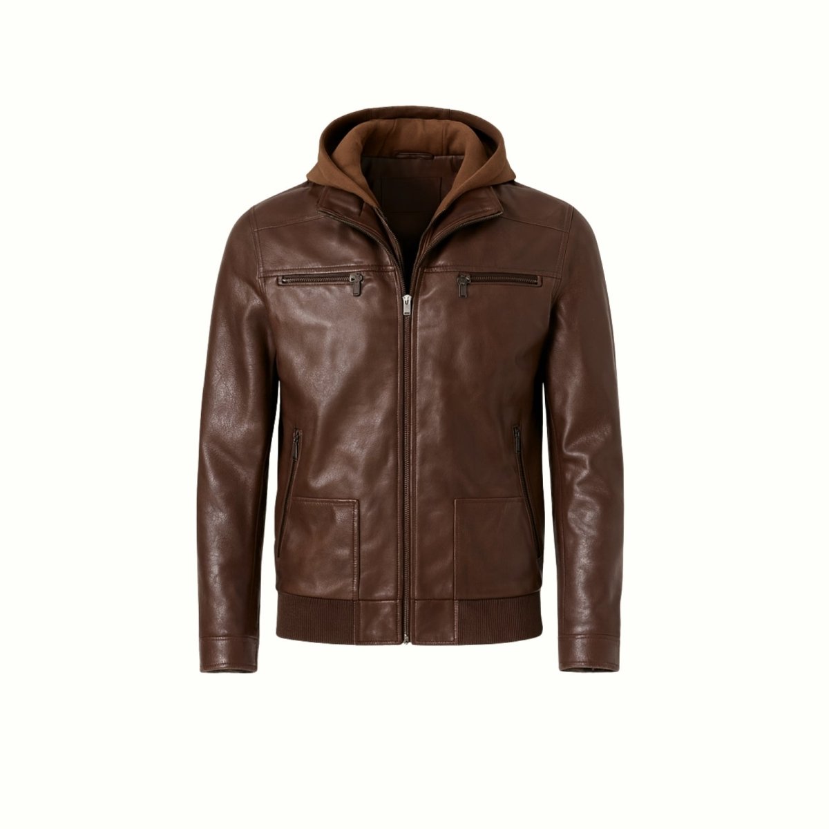 Flatlay product shot of the Kouvr Samson Dark Brown hooded faux leather jacket on a white background, zipped up.