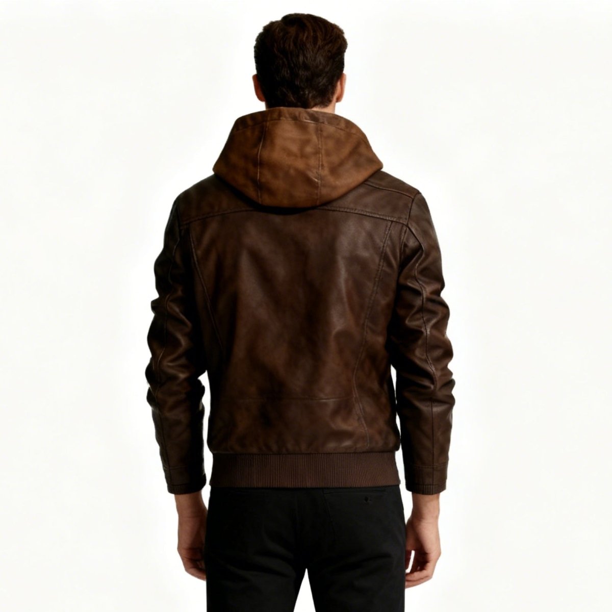 Back view of a man wearing the Dark Brown hooded Kouvr Samson faux leather jacket, displaying the shoulder construction and hood.