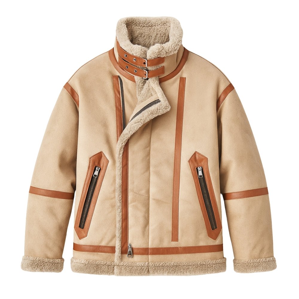 Beige Kouvr jacket with brown accents and shearling collar on a white background