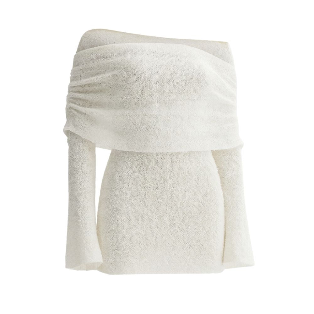 luxe knitwear', 'evening attire', 'sculptural silhouette', 'minimalist glamour', 'date night outfit', 'form-fitting', 'draped neckline