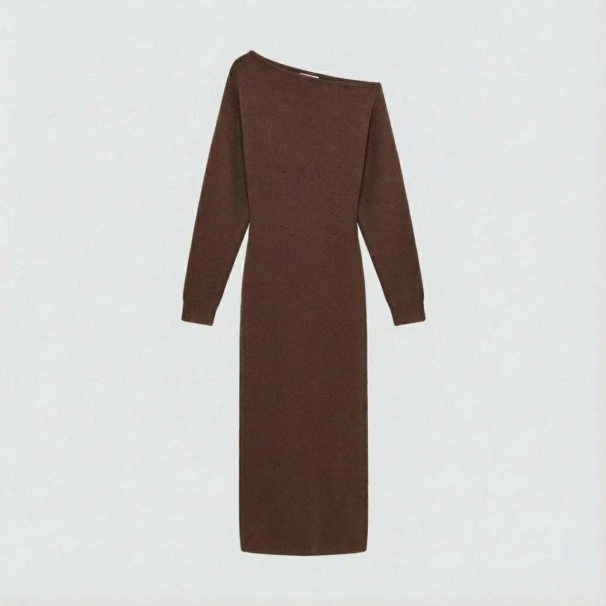 Flat lay of the brown asymmetrical long sleeve sweater dress, showcasing the soft knit texture and overall shape of the garment.