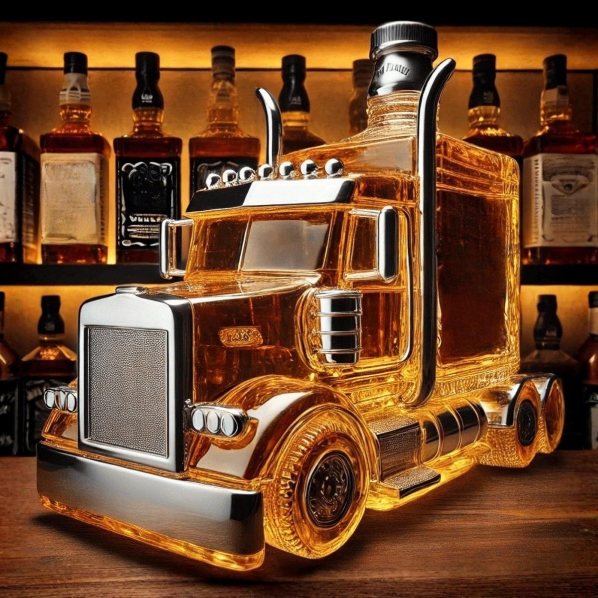 A large, glass semi-truck shaped whiskey decanter filled with amber bourbon, sitting on a wooden bar top with a shelf of liquor bottles in the background.