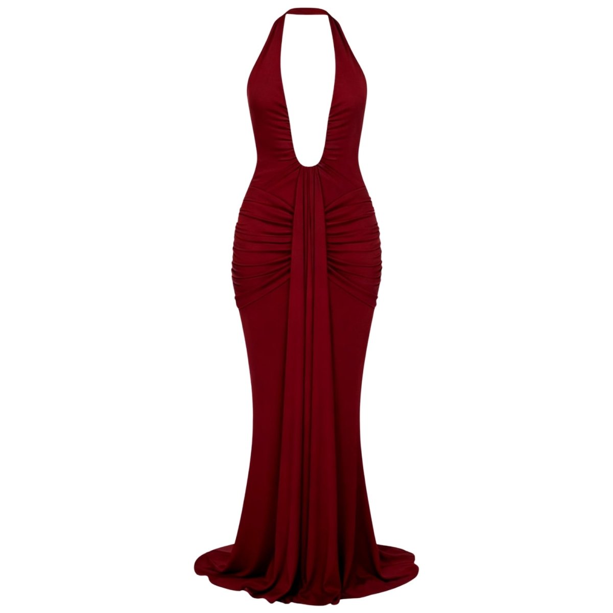 Burgundy Kouvr halter neck gown on a white background