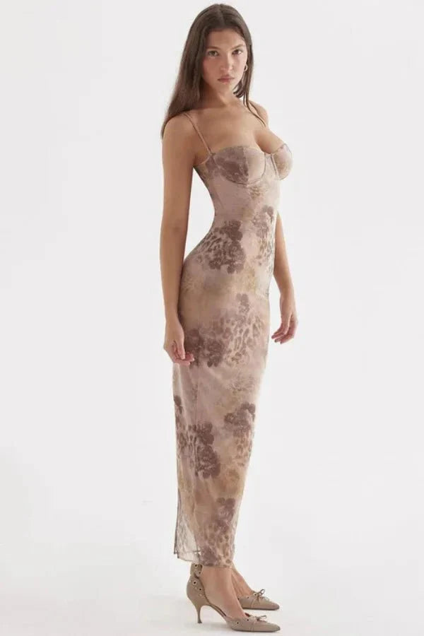 Model wearing Kouvr shaira beige floral corset maxi dress with lace trim for a formal event