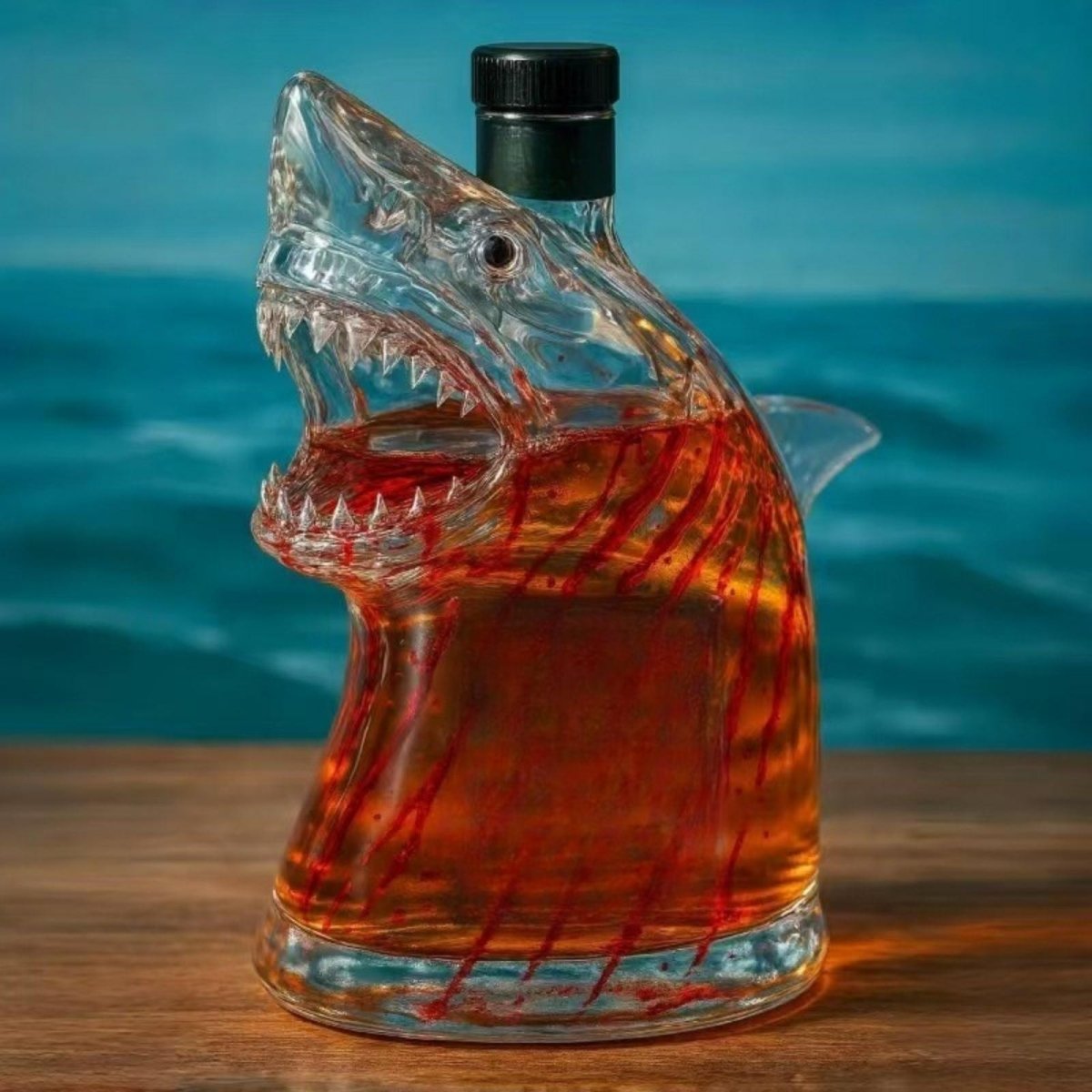 Side view of the Kouvr Predator shark shaped whiskey decanter filled with amber liquid, sitting on a wooden bar top with an ocean background.