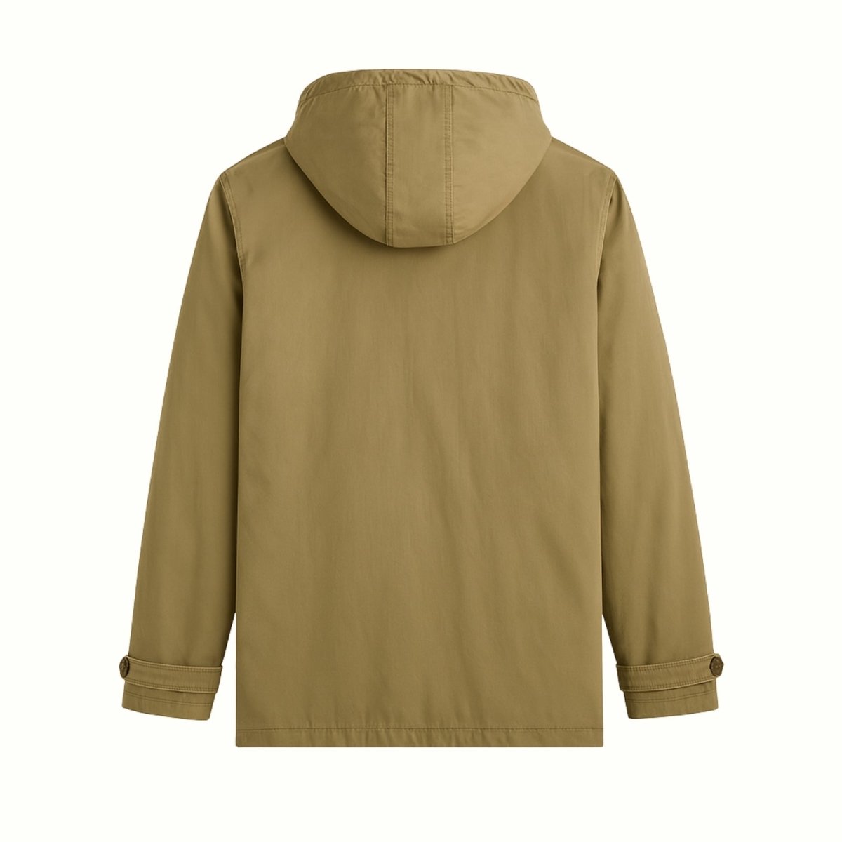 Back view of the Kouvr men's hooded parka in khaki drab laid flat, detailing the hood construction and adjustable button cuffs.