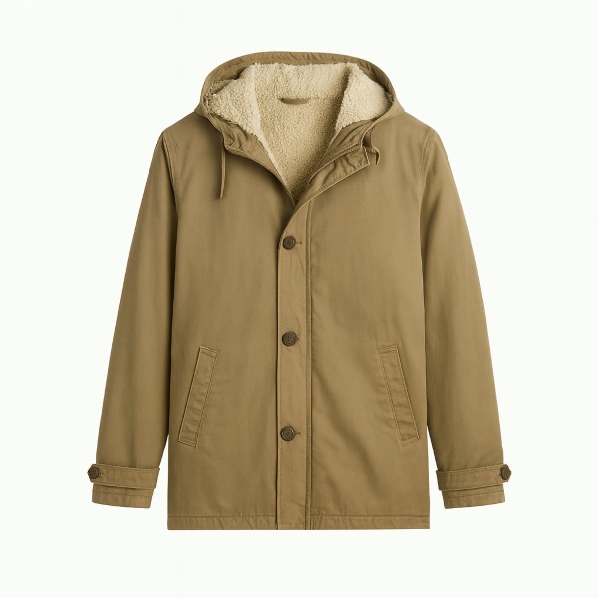 Front view of the Kouvr men's sherpa-lined parka in khaki drab laid flat, displaying the button-front closure and plush sherpa interior.