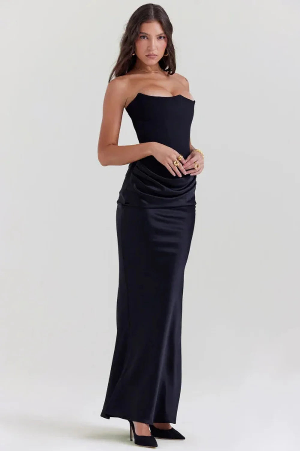 structured bodice," "draped waist," "satin formal dress," "old Hollywood glamour," "sculptural silhouette