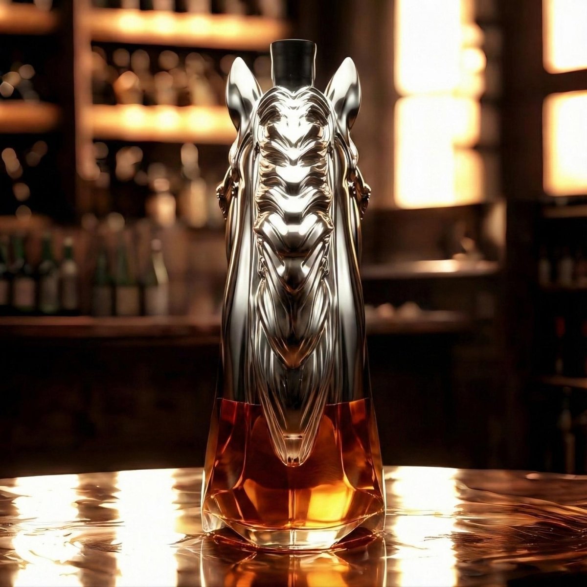 Rear view of the Kouvr Stallion whiskey decanter, showcasing the intricate, flowing design of the horse's mane and the reflective quality of the craftsmanship.
