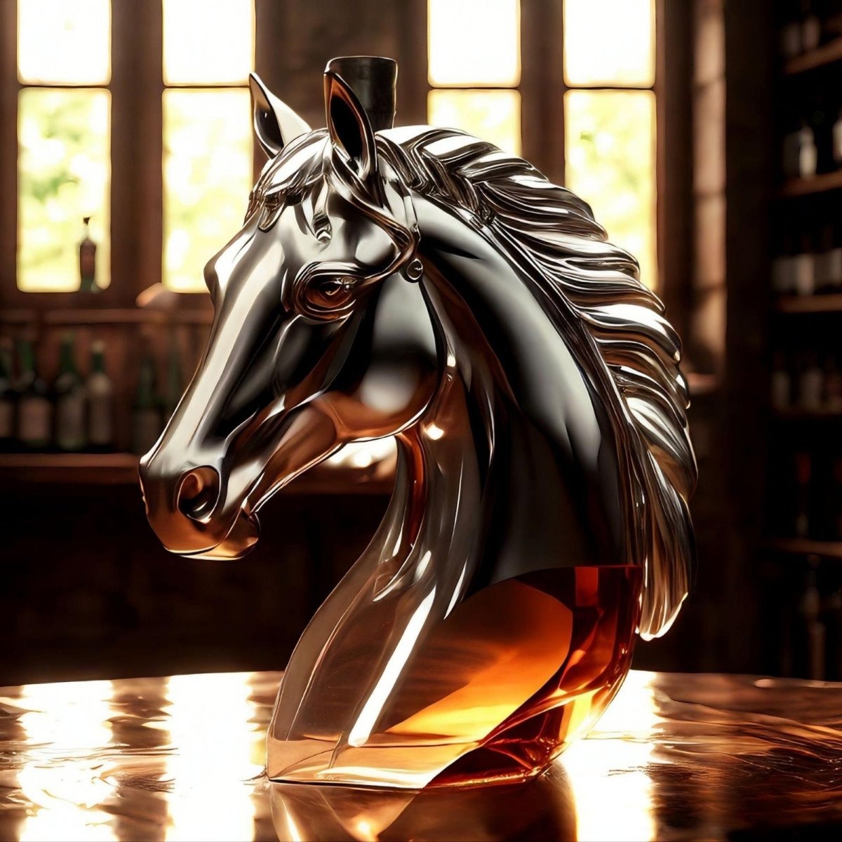 Side profile of the Kouvr Stallion silver horse head whiskey decanter filled with amber liquid, displayed on a polished copper bar with a warm, ambient background.