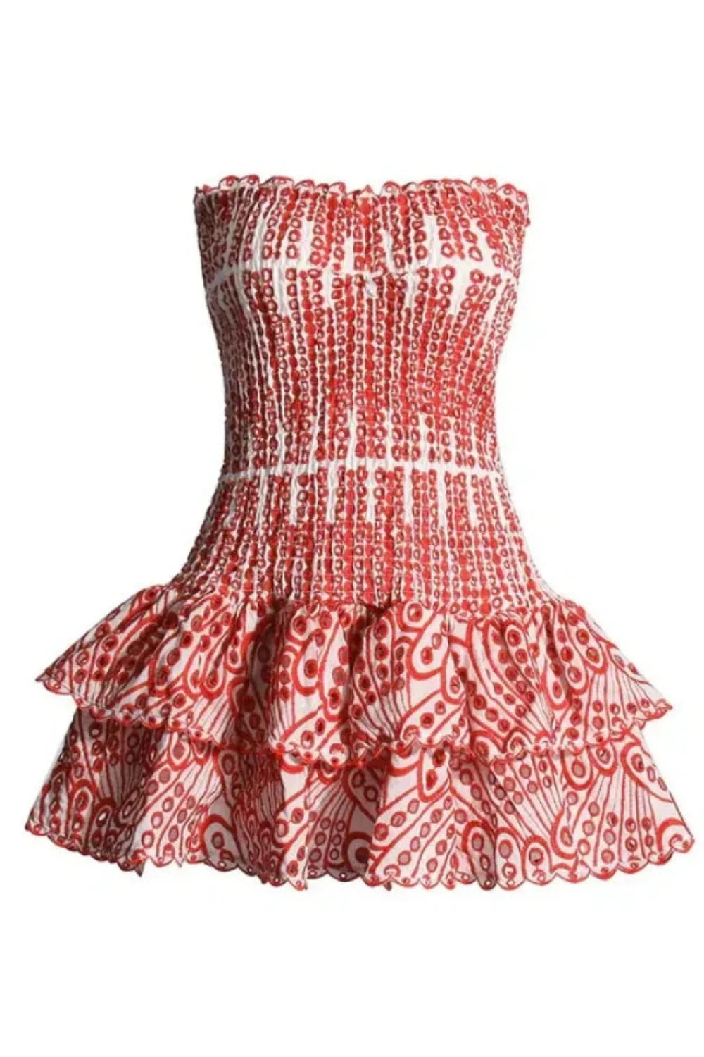 Model wearing the Kouvr red strapless mini dress with a smocked bodice and tiered ruffle skirt