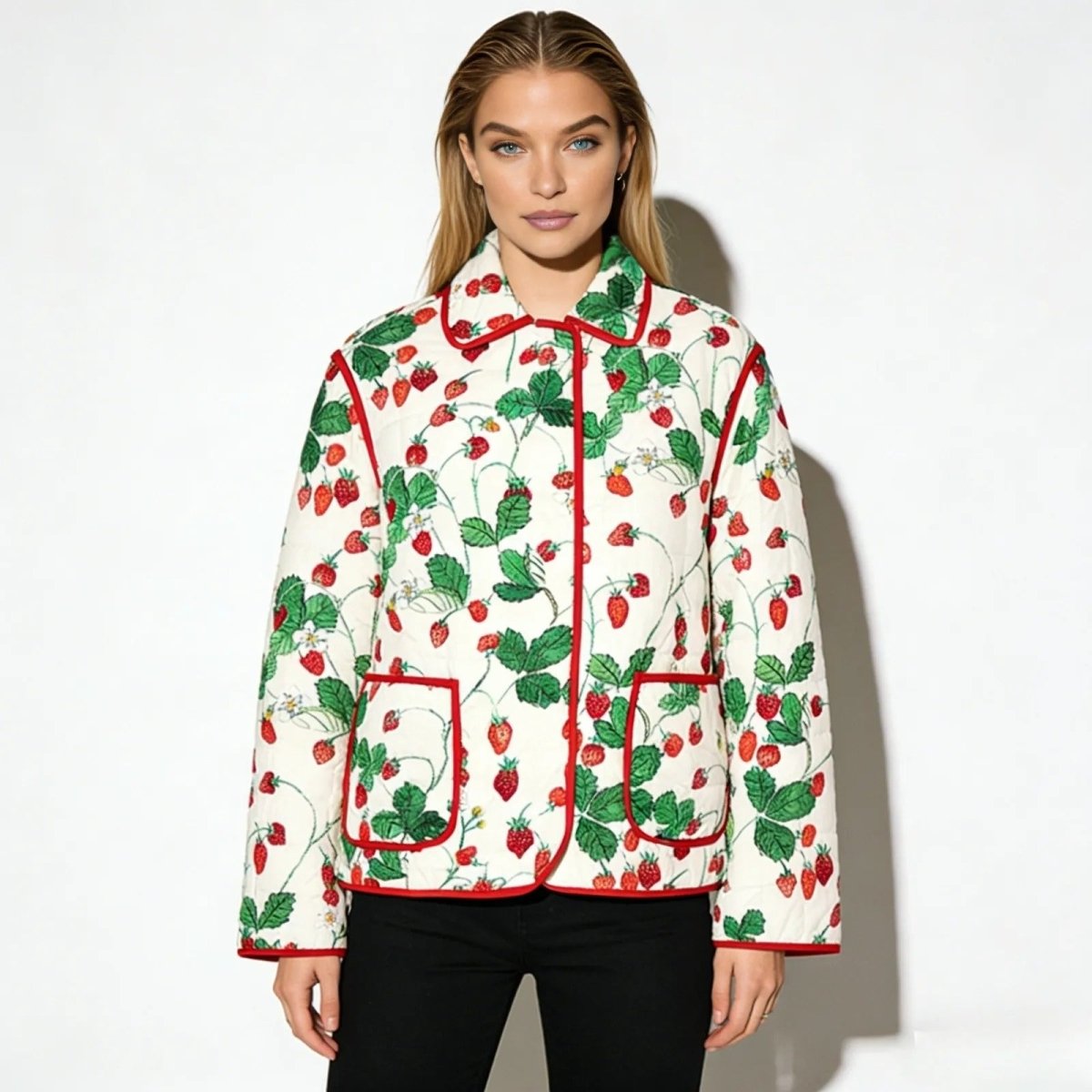 Model wearing the Kouvr strawberry garden quilted jacket with red trim, styled with black pants against a white background.
