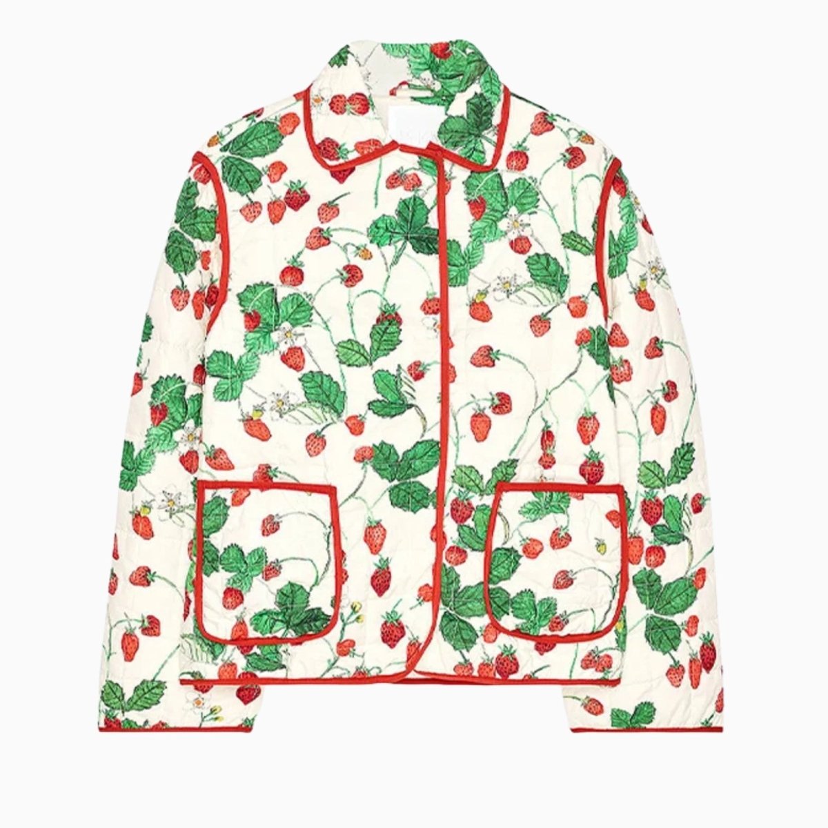 Front flat lay of the Kouvr strawberry quilted jacket, showing the collar, patch pockets, and red piping detail.