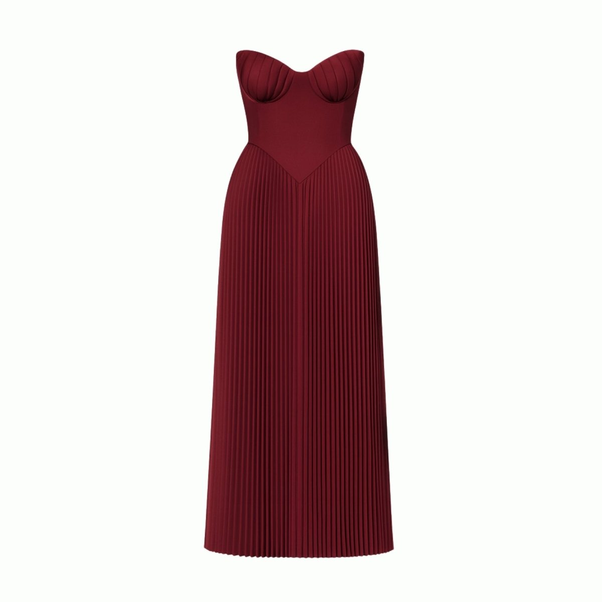 Burgundy kouvr pleated dress on a white background
