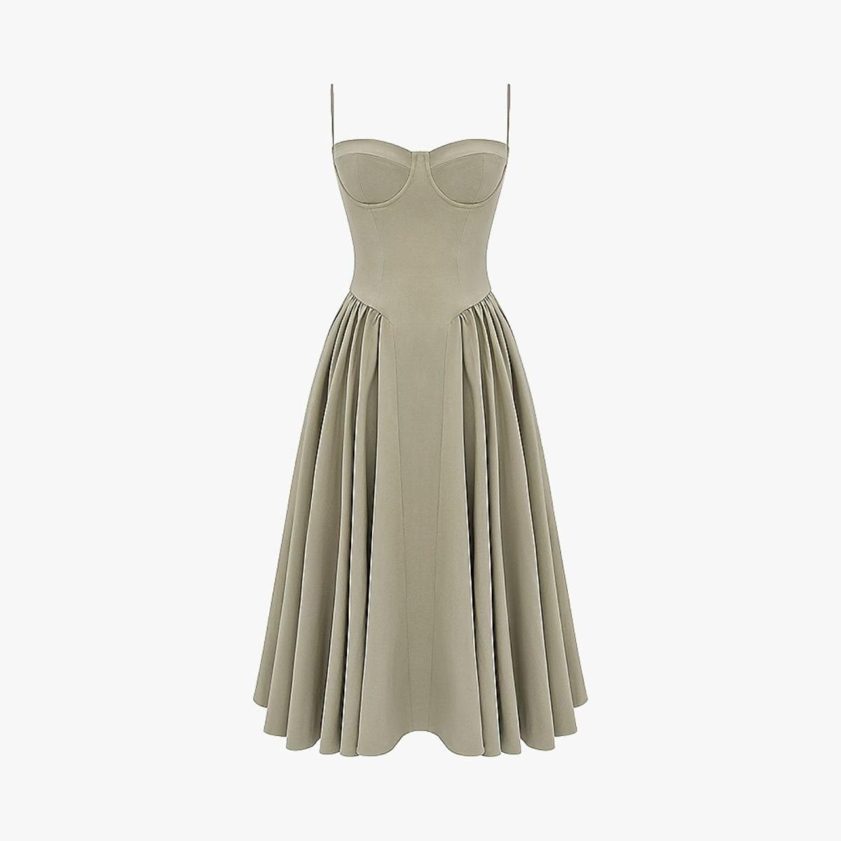 Flat lay of the front of the Kouvr corset bustier midi dress in taupe, showing the detailed construction of the bodice and pleats.