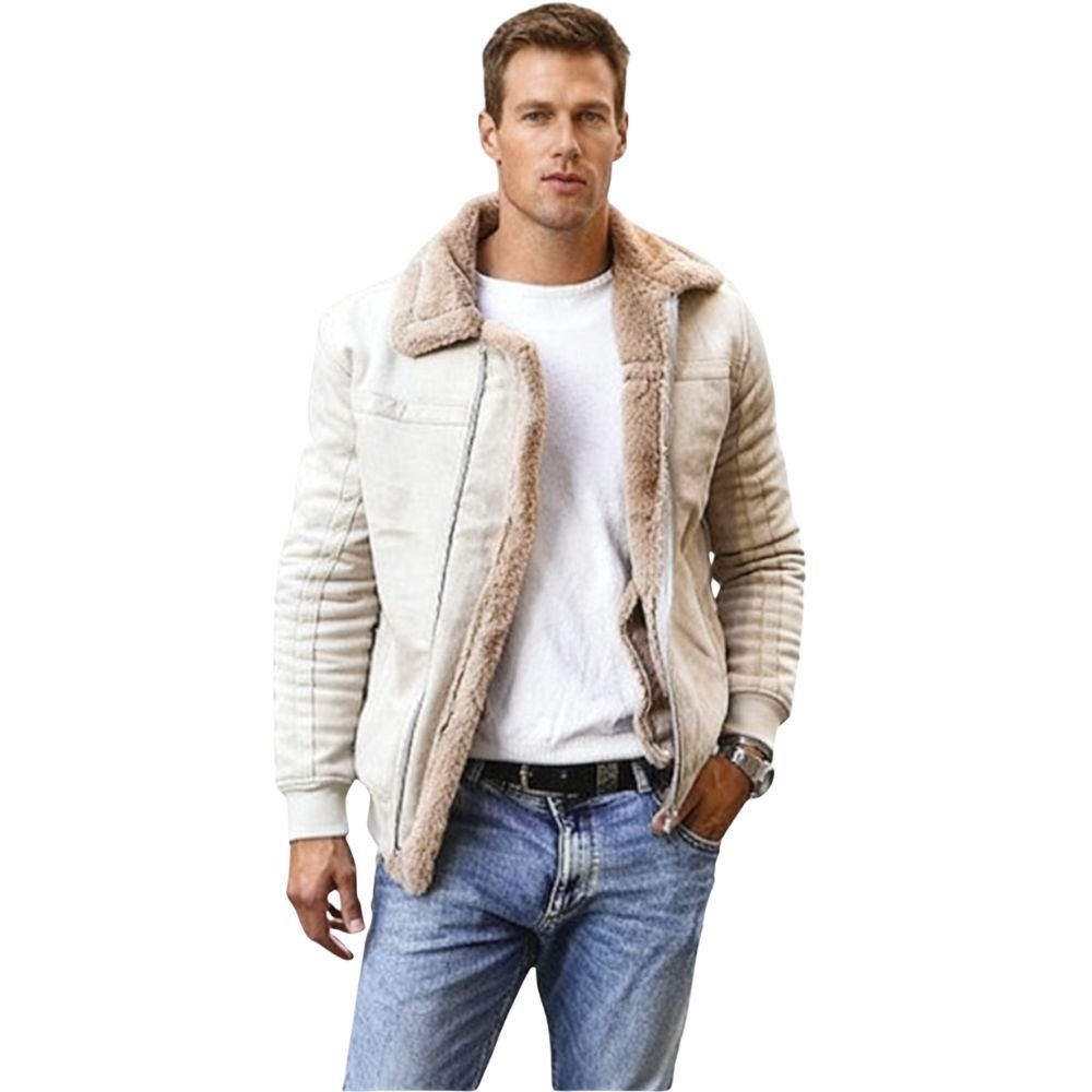 Men's Apricot Shearling Lined Suede Aviator Jacket by Kouvr Fashion