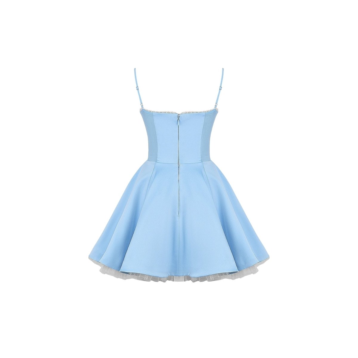 Back in the Kouvr light blue bustier mini dress with a flared skirt and crystal-trimmed neckline