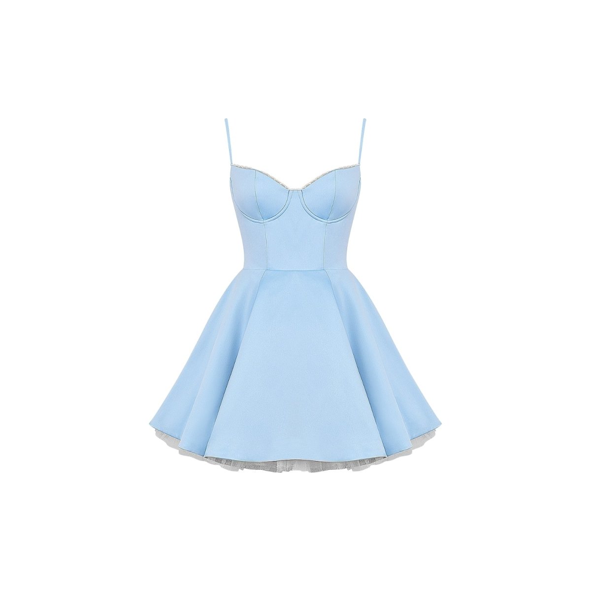Front view in the Kouvr light blue bustier mini dress with a flared skirt and crystal-trimmed neckline