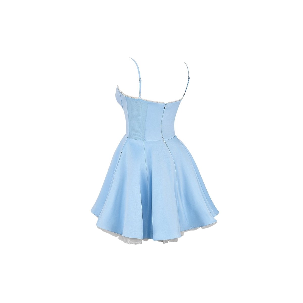 Side in the Kouvr light blue bustier mini dress with a flared skirt and crystal-trimmed neckline