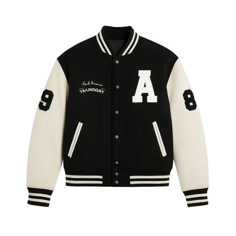 Model wearing the Kouvr Fashion Trainbury men's black and off-white wool letterman jacket
