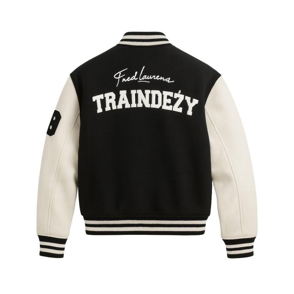 Model wearing the Kouvr Fashion Trainbury men's black and off-white wool letterman jacket