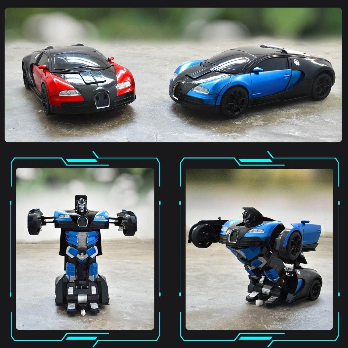 Two toy cars transforming into robot forms on a blurred background