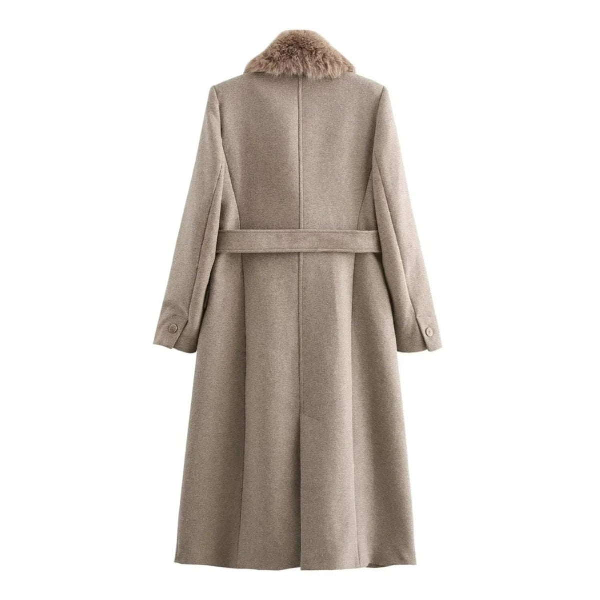 The Kouvr Fashion Trisha long wool wrap coat with shearling collar in oatmeal khaki, laid flat to show its full design and quality.