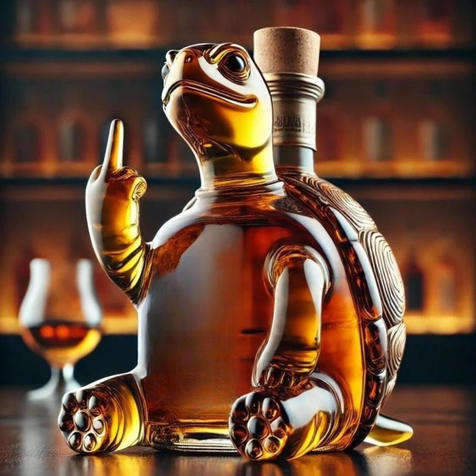 A close-up shot of the Kouvr turtle decanter, focusing on the quality of the glass and the Tennessee Whiskey style label.