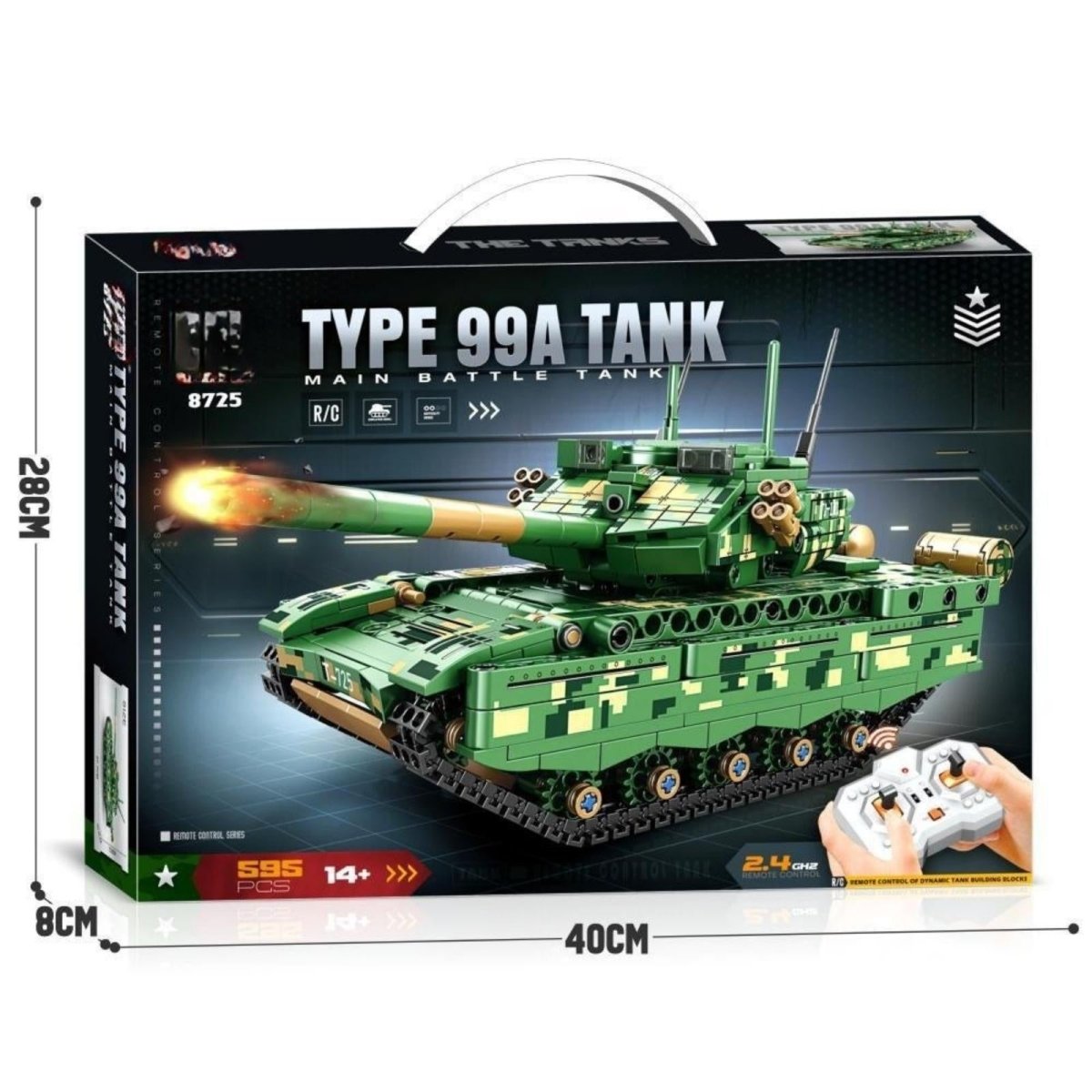 The product packaging for the Kouvr Type 99A Main Battle Tank R/C building block set, showing dimensions and features.
