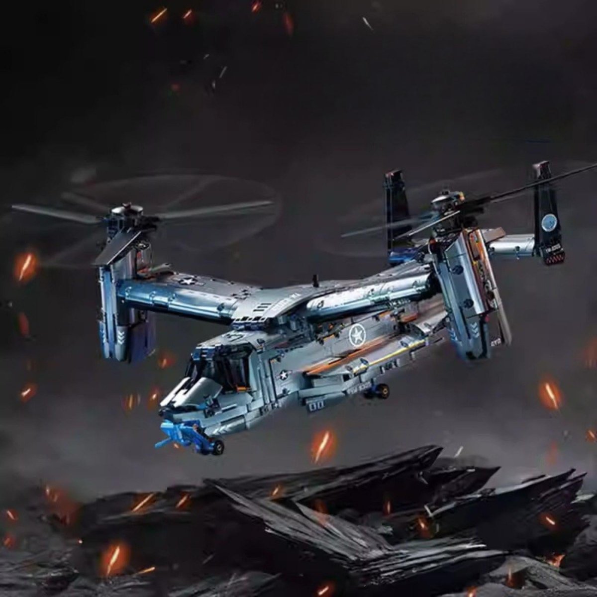 The V-22 Osprey building block model shown in a dramatic, dark setting with embers, highlighting its detailed and rugged design.
