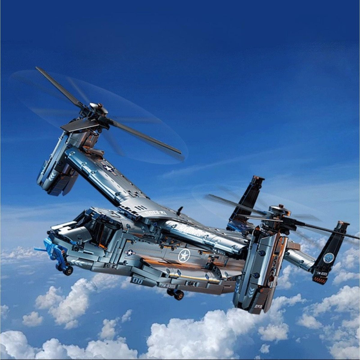 Side view of the V-22 Osprey building kit with its engine nacelles rotated forward in airplane mode, banking against a cloudy sky.