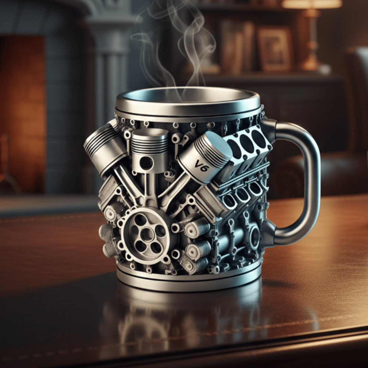 A detailed V6 engine coffee mug made of stainless steel, steaming on a dark wood office desk, showcasing its intricate piston design.
