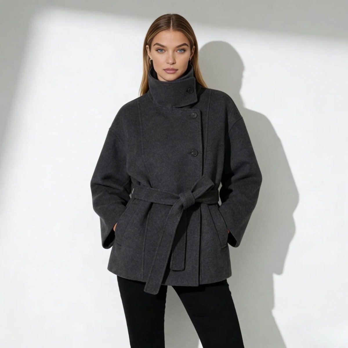 Model wearing the Kouvr Verna short belted funnel neck wool coat in dark grey, tied at the waist.