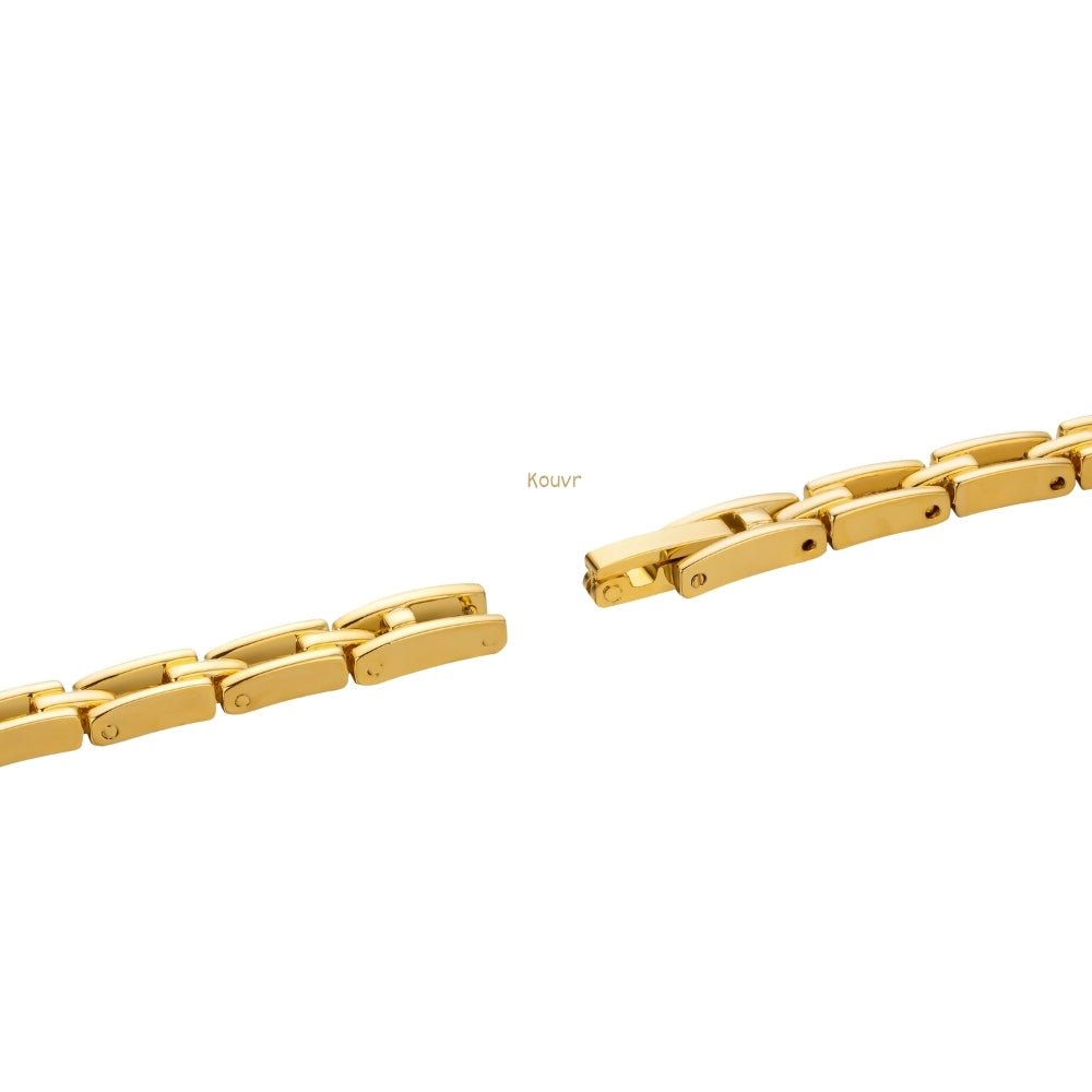 Gold Kouvr bracelet on a white background