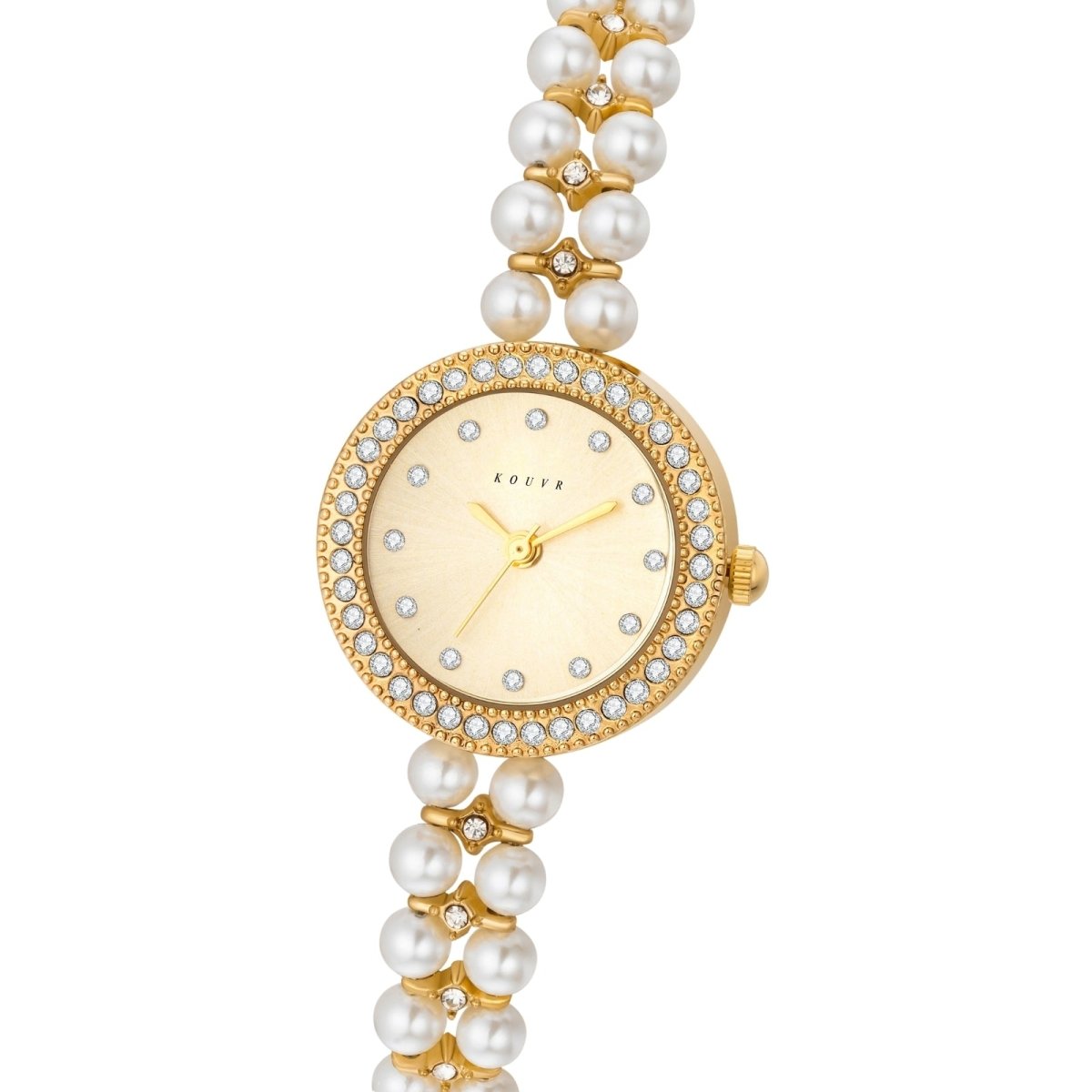 Gold Kouvr watch with pearl bracelet on a white background