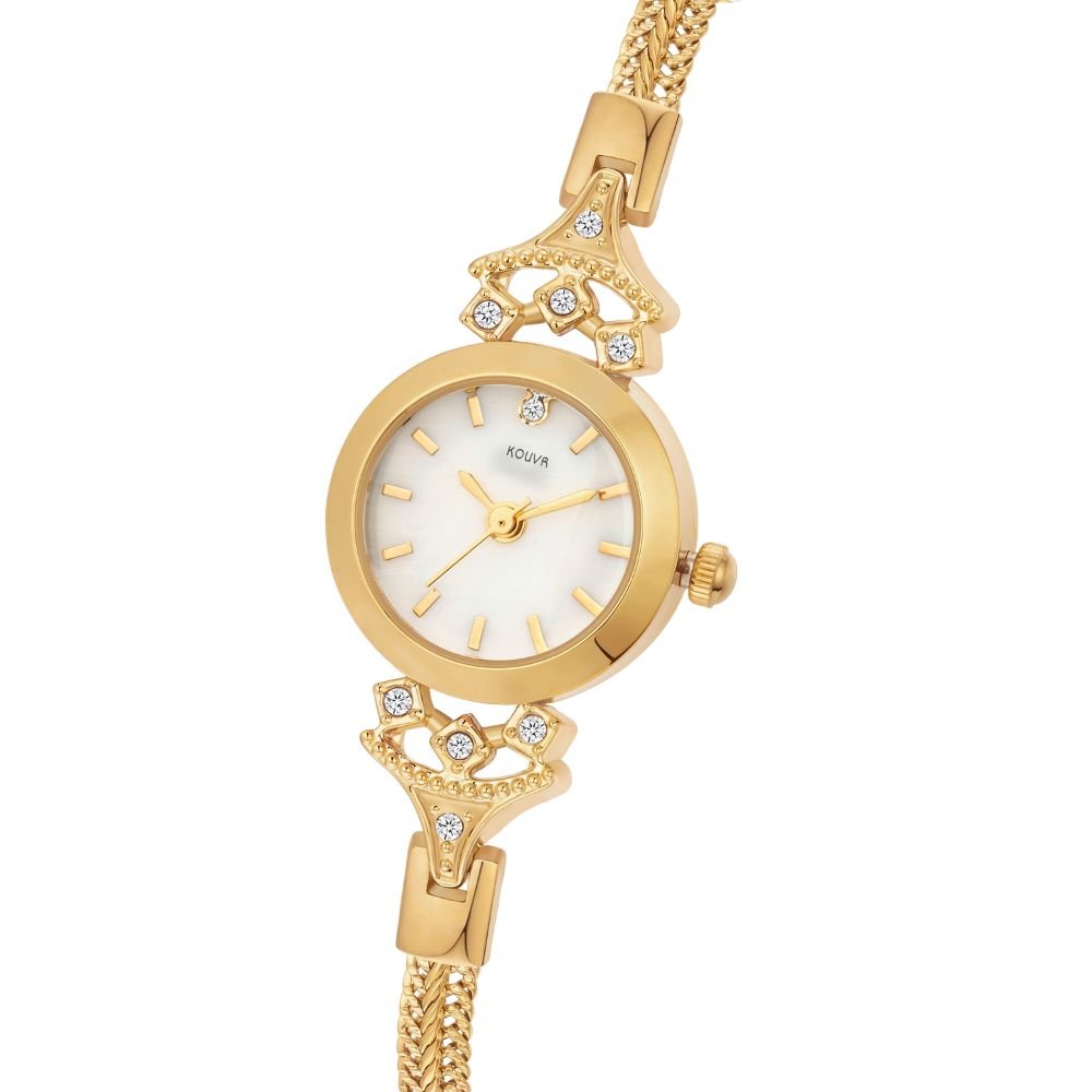 Gold kouvr wristwatch with decorative chain on a white background