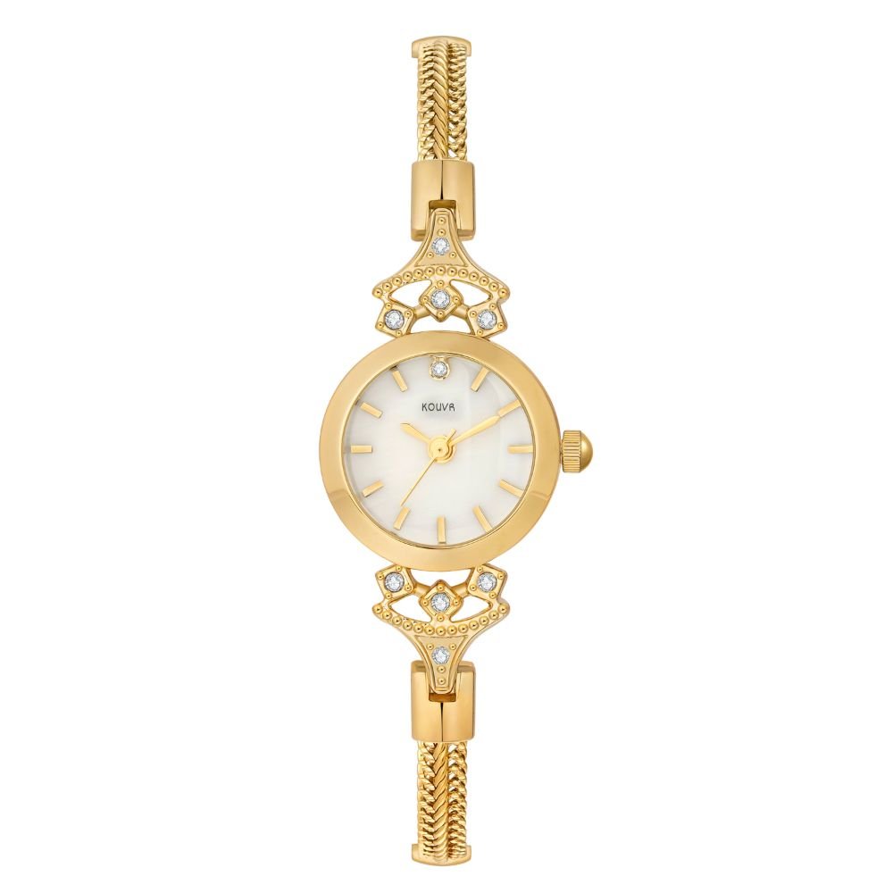 Gold kouvr watch with decorative design on a white background