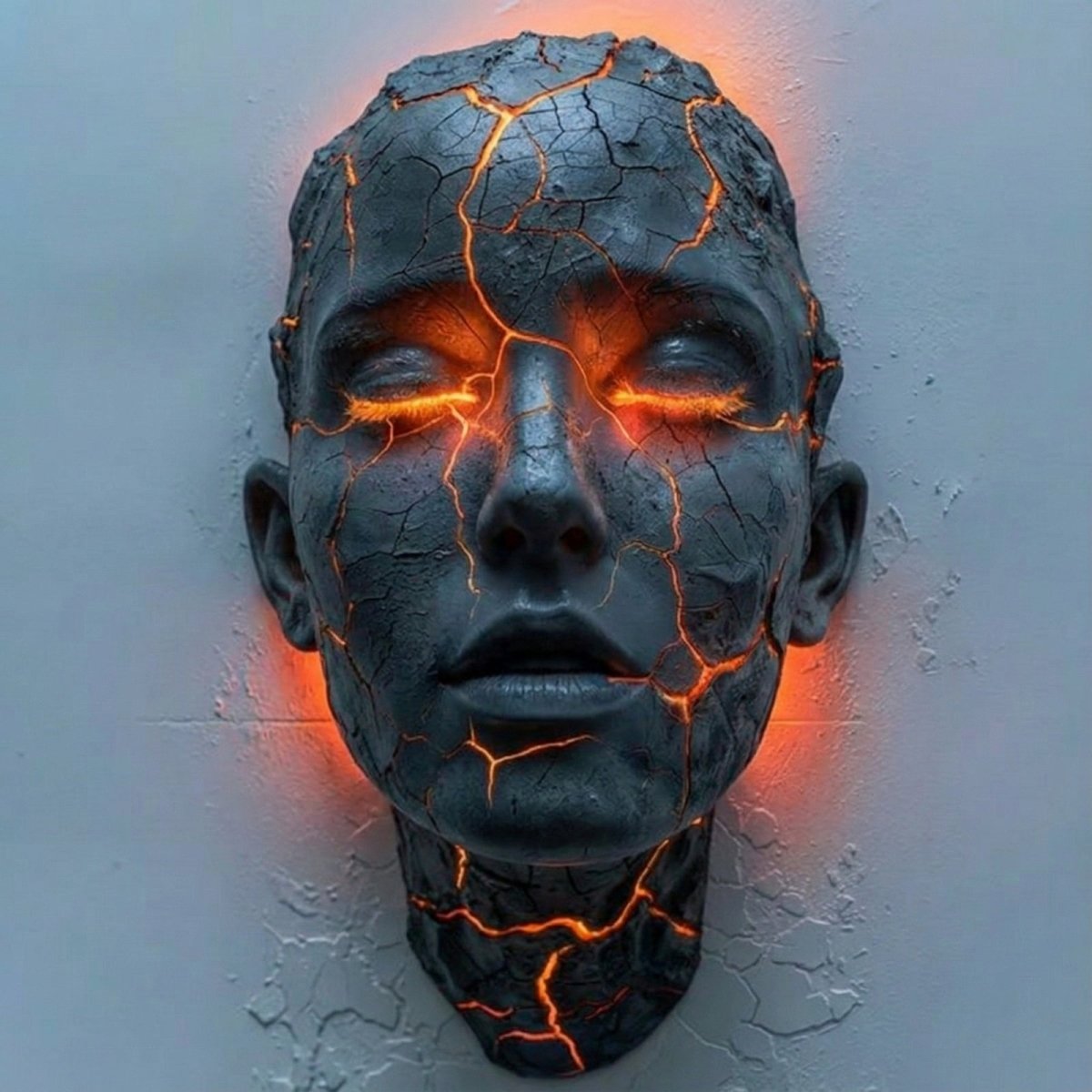 Front-on view of the Kouvr head sculpture, highlighting the symmetrical cracks and intense illumination from the closed eyes. The piece features a dark, volcanic ash texture.
