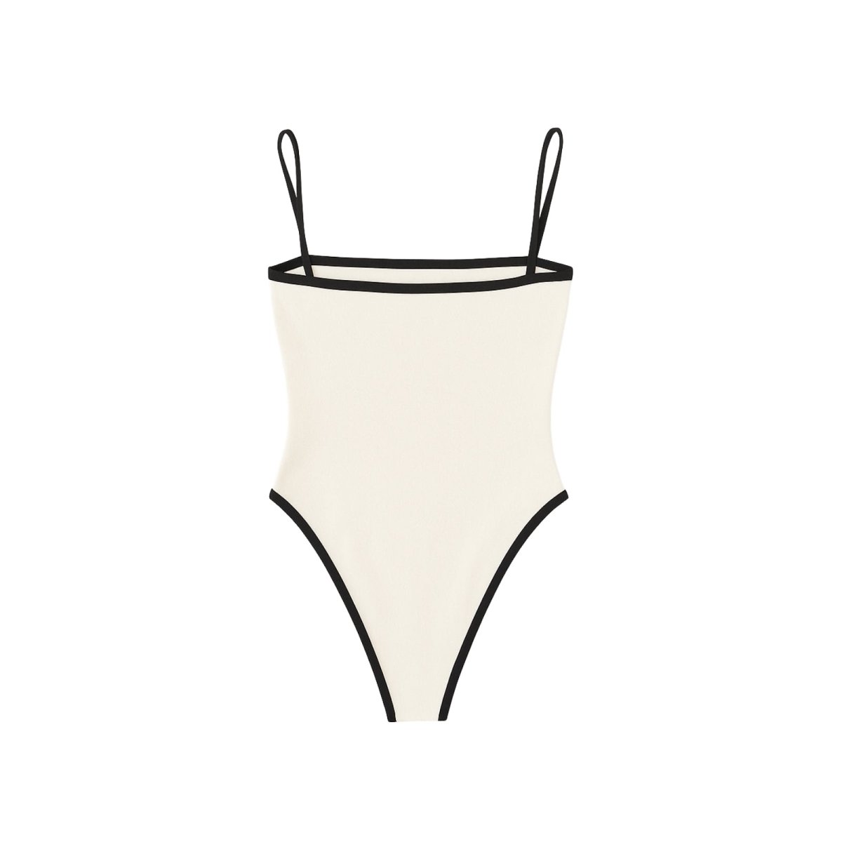 White Kouvr swimsuit with black trim on a white background